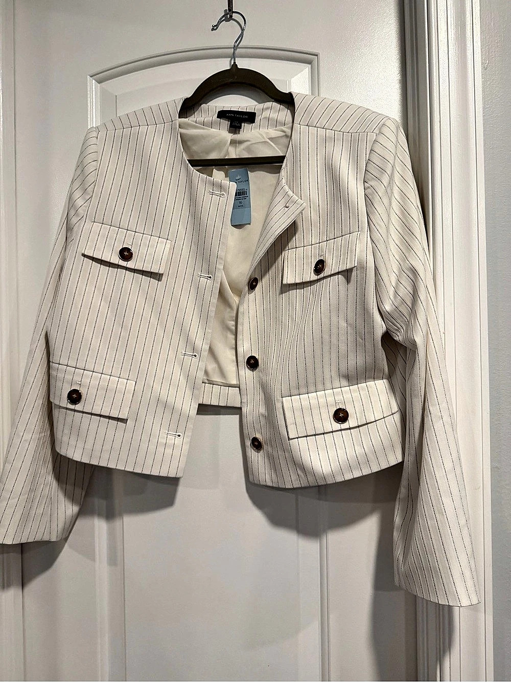 Ann Taylor Pinstripe Pocket Crop Jacket Striped White Size 16P